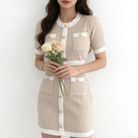Beige and White Knit Dress - Picture 2 of 3